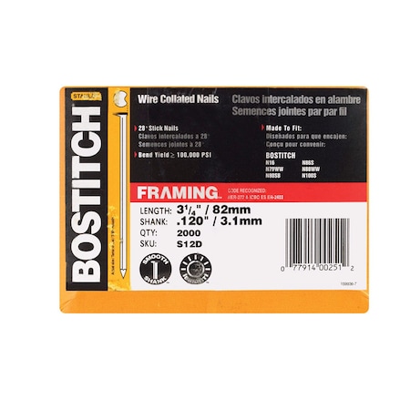 Bostitch Collated Framing Nail, Steel, Coated Finish, 28 Degrees S12D-FH